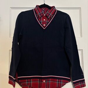 Navy Sweater with Red Plaid Shirt